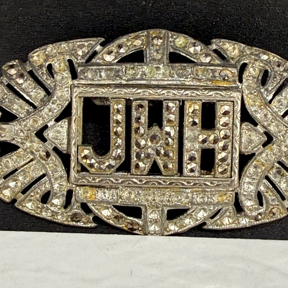 Vintage Estate Monogrammed Brooch Silver Tone Rhinestone JWH 2.75in